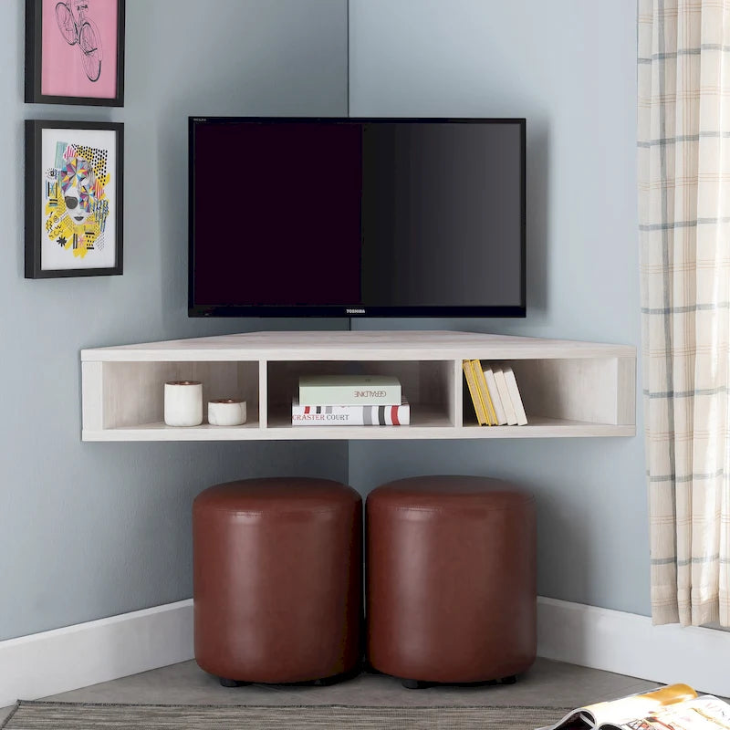 Meuble TV d'angle flottant de 47", 3 étagères, style transitionnel, support mural peu encombrant