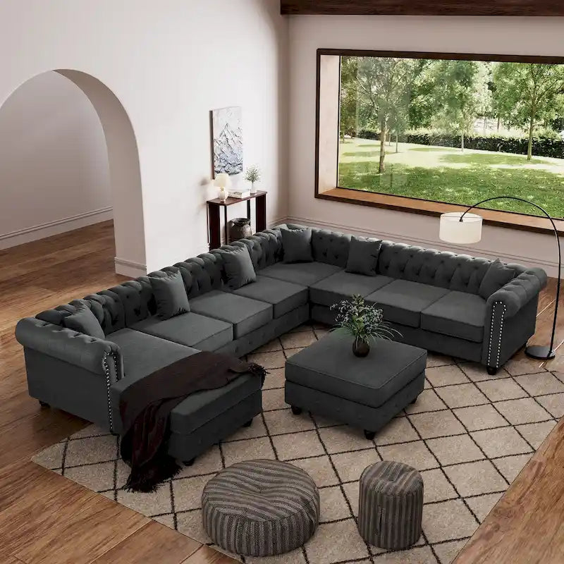 Canapé d'angle Chesterfield avec pouf et 6 oreillers, canapé en forme de U en tissu de lin avec méridienne et pieds en bois d'hévéa pour le salon