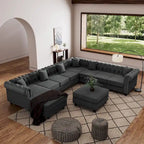 Canapé d'angle Chesterfield avec pouf et 6 oreillers, canapé en forme de U en tissu de lin avec méridienne et pieds en bois d'hévéa pour le salon