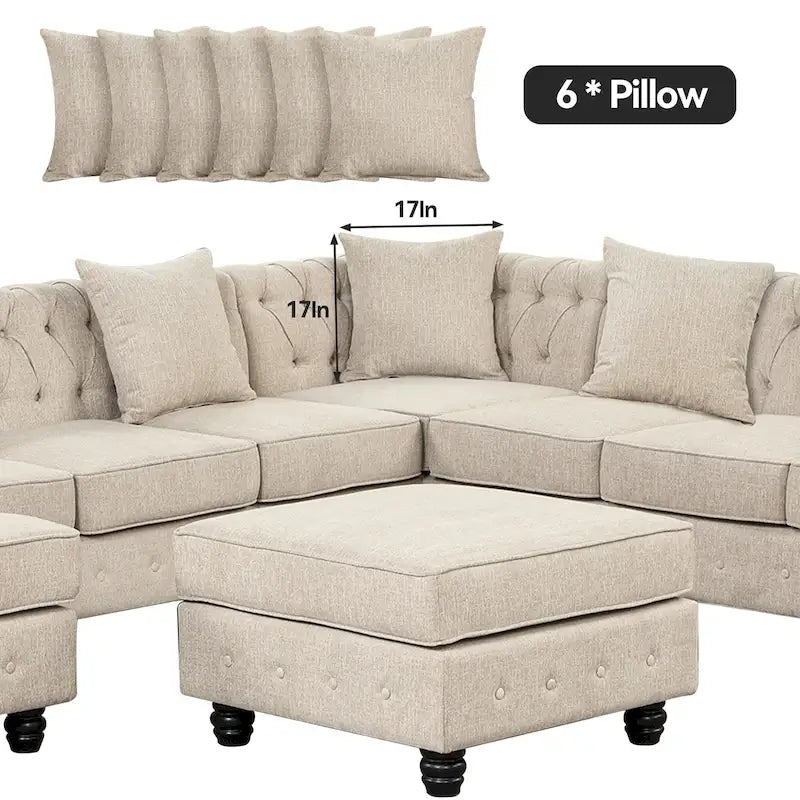 Canapé d'angle Chesterfield avec pouf et 6 oreillers, canapé en forme de U en tissu de lin avec méridienne et pieds en bois d'hévéa pour le salon