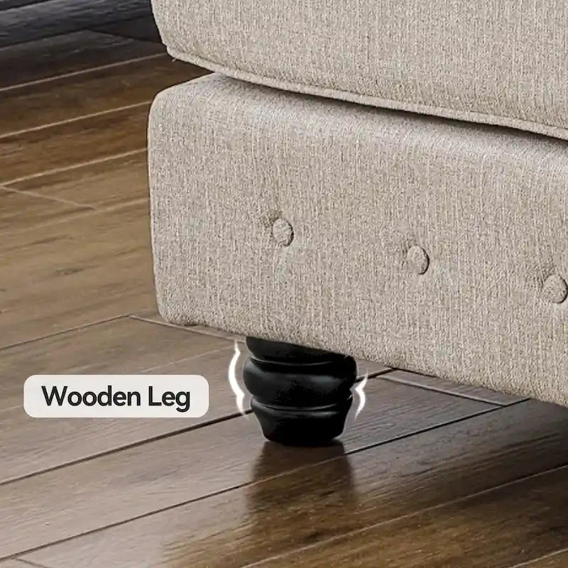 Canapé d'angle Chesterfield avec pouf et 6 oreillers, canapé en forme de U en tissu de lin avec méridienne et pieds en bois d'hévéa pour le salon