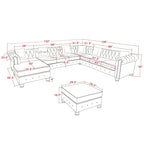 Canapé d'angle Chesterfield avec pouf et 6 oreillers, canapé en forme de U en tissu de lin avec méridienne et pieds en bois d'hévéa pour le salon