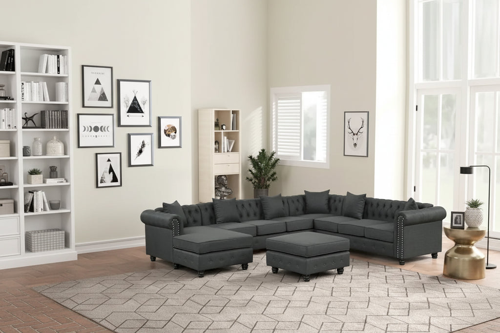 Canapé d'angle Chesterfield avec pouf et 6 oreillers, canapé en forme de U en tissu de lin avec méridienne et pieds en bois d'hévéa pour le salon