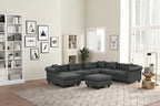 Canapé d'angle Chesterfield avec pouf et 6 oreillers, canapé en forme de U en tissu de lin avec méridienne et pieds en bois d'hévéa pour le salon