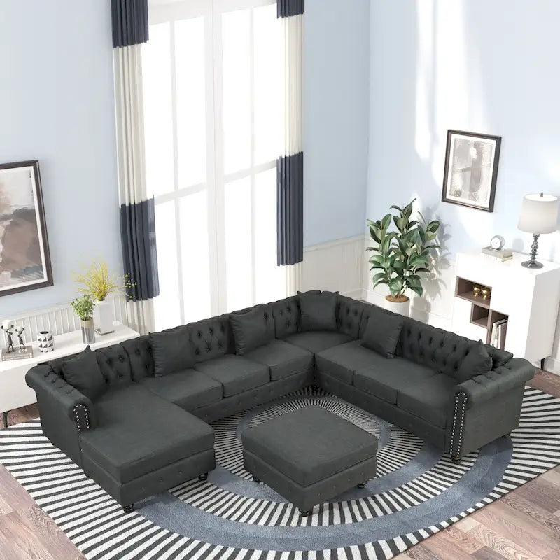 Canapé d'angle Chesterfield avec pouf et 6 oreillers, canapé en forme de U en tissu de lin avec méridienne et pieds en bois d'hévéa pour le salon