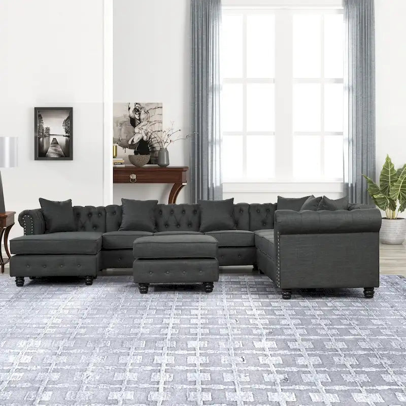 Canapé d'angle Chesterfield avec pouf et 6 oreillers, canapé en forme de U en tissu de lin avec méridienne et pieds en bois d'hévéa pour le salon