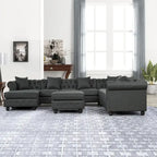 Canapé d'angle Chesterfield avec pouf et 6 oreillers, canapé en forme de U en tissu de lin avec méridienne et pieds en bois d'hévéa pour le salon