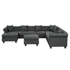 Canapé d'angle Chesterfield avec pouf et 6 oreillers, canapé en forme de U en tissu de lin avec méridienne et pieds en bois d'hévéa pour le salon