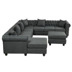 Canapé d'angle Chesterfield avec pouf et 6 oreillers, canapé en forme de U en tissu de lin avec méridienne et pieds en bois d'hévéa pour le salon