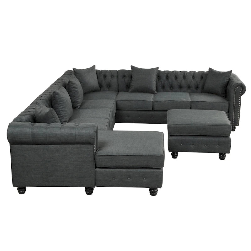 Canapé d'angle Chesterfield avec pouf et 6 oreillers, canapé en forme de U en tissu de lin avec méridienne et pieds en bois d'hévéa pour le salon