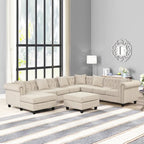 Canapé d'angle Chesterfield avec pouf et 6 oreillers, canapé en forme de U en tissu de lin avec méridienne et pieds en bois d'hévéa pour le salon