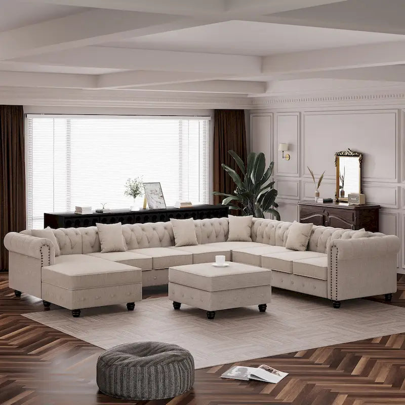 Canapé d'angle Chesterfield avec pouf et 6 oreillers, canapé en forme de U en tissu de lin avec méridienne et pieds en bois d'hévéa pour le salon