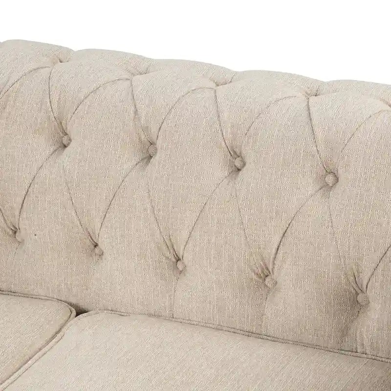 Canapé d'angle Chesterfield avec pouf et 6 oreillers, canapé en forme de U en tissu de lin avec méridienne et pieds en bois d'hévéa pour le salon