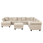 Canapé d'angle Chesterfield avec pouf et 6 oreillers, canapé en forme de U en tissu de lin avec méridienne et pieds en bois d'hévéa pour le salon