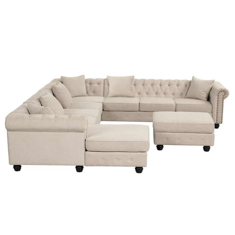 Canapé d'angle Chesterfield avec pouf et 6 oreillers, canapé en forme de U en tissu de lin avec méridienne et pieds en bois d'hévéa pour le salon