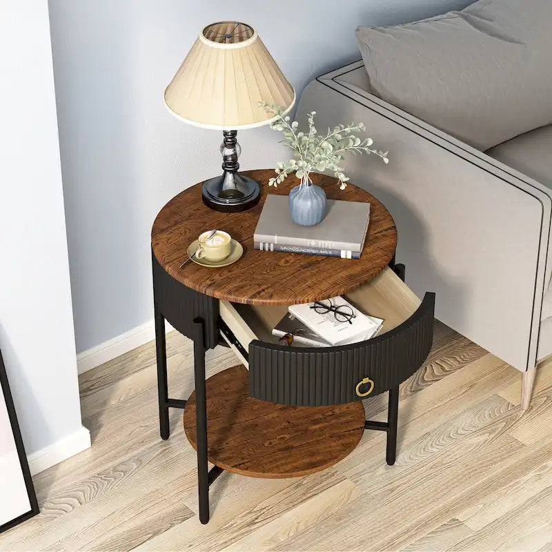 Table d'appoint ronde avec tiroir de rangement, pieds en métal, table de chevet moderne pour chambre et salon