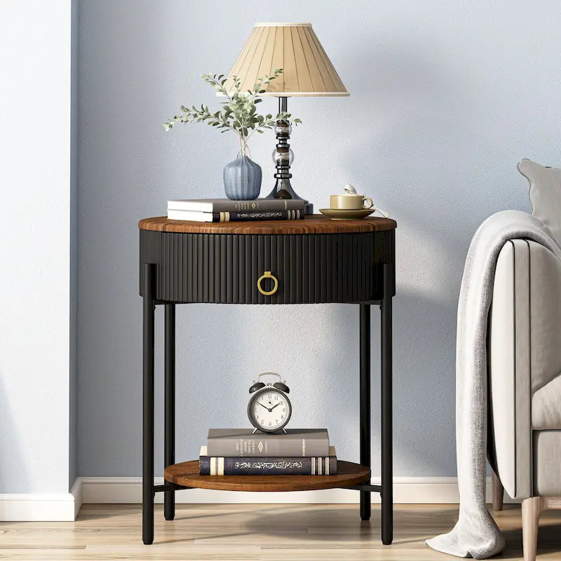 Table d'appoint ronde avec tiroir de rangement, pieds en métal, table de chevet moderne pour chambre et salon