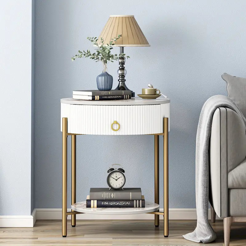 Table d'appoint ronde avec tiroir de rangement, pieds en métal, table de chevet moderne pour chambre et salon