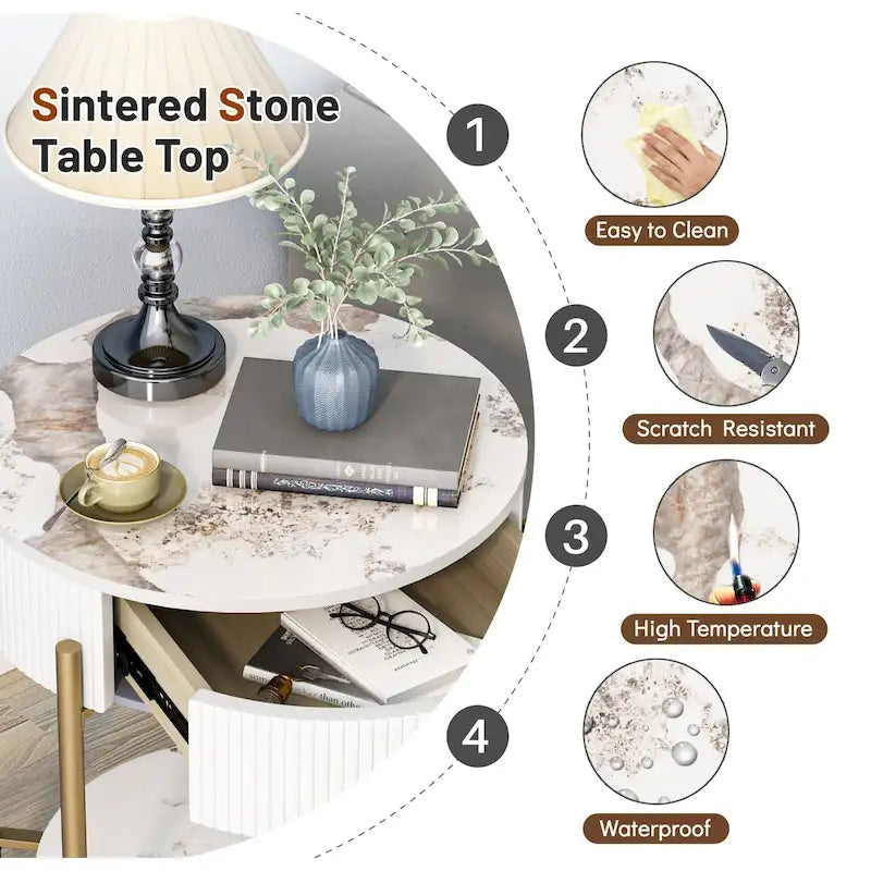 Table d'appoint ronde avec tiroir de rangement, pieds en métal, table de chevet moderne pour chambre et salon