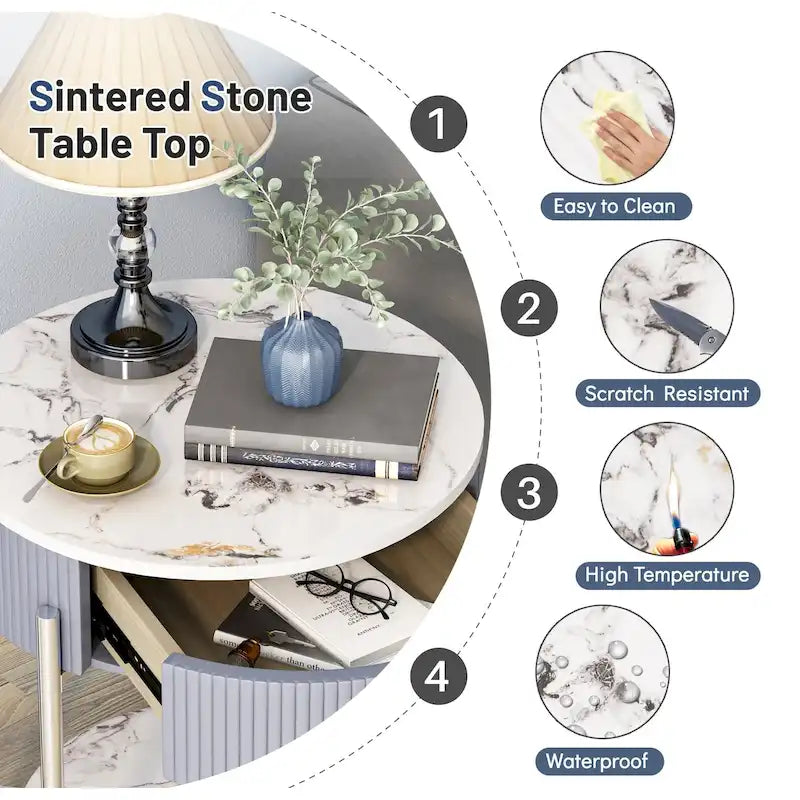 Table d'appoint ronde avec tiroir de rangement, pieds en métal, table de chevet moderne pour chambre et salon