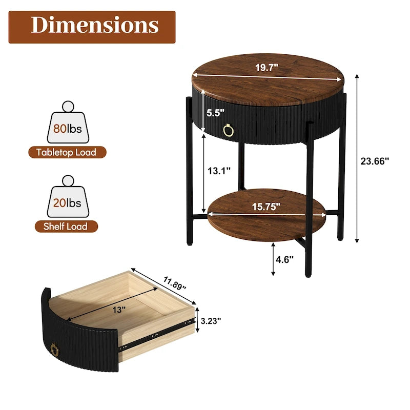 Table d'appoint ronde avec tiroir de rangement, pieds en métal, table de chevet moderne pour chambre et salon