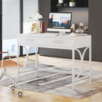 Bureau informatique moderne avec 2 tiroirs, Bureau de maison/bureau blanc et doré, Coiffeuse/Table de maquillage