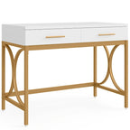 Bureau informatique moderne avec 2 tiroirs, Bureau de maison/bureau blanc et doré, Coiffeuse/Table de maquillage