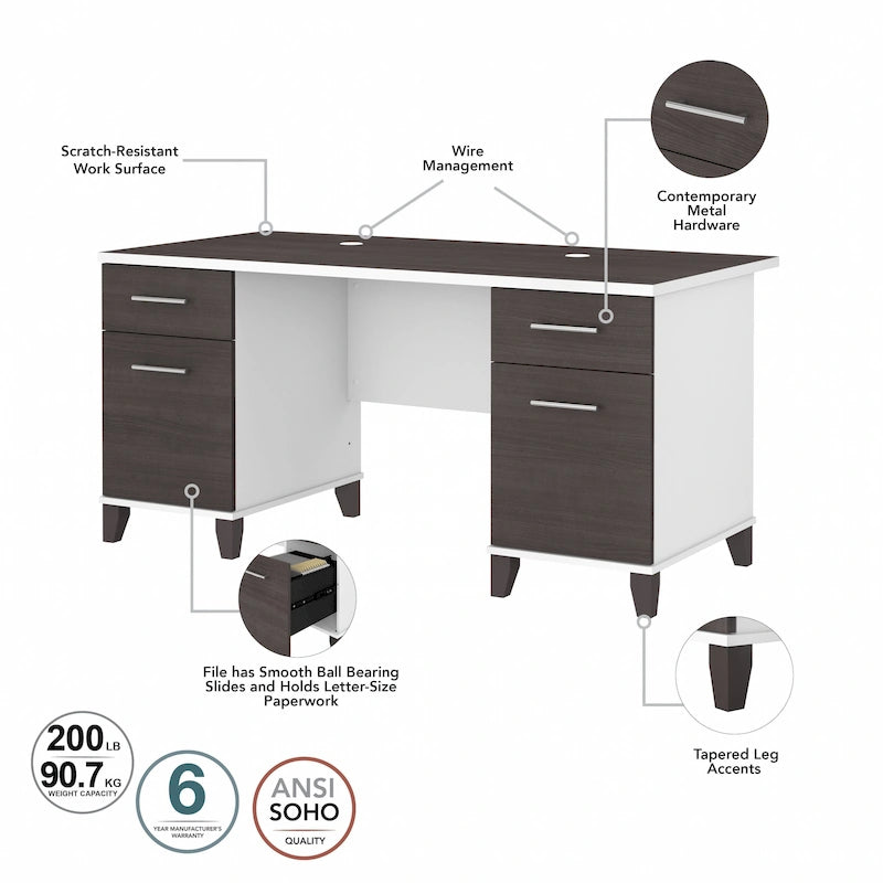 Bureau d'ordinateur de 152 cm avec tiroirs, bureau d'écriture pour bureau à domicile, plusieurs options de finition
