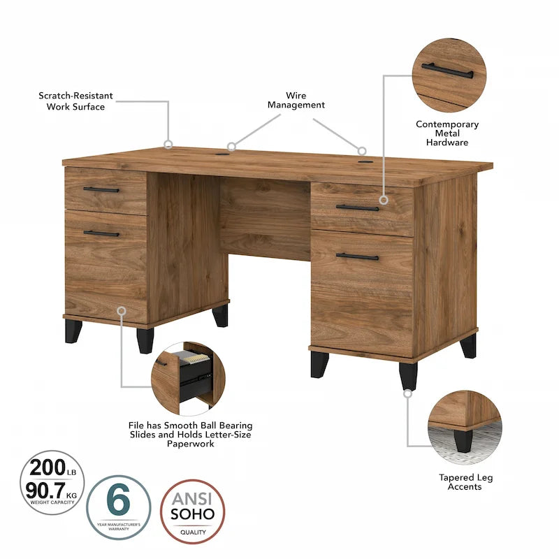 Bureau d'ordinateur de 152 cm avec tiroirs, bureau d'écriture pour bureau à domicile, plusieurs options de finition