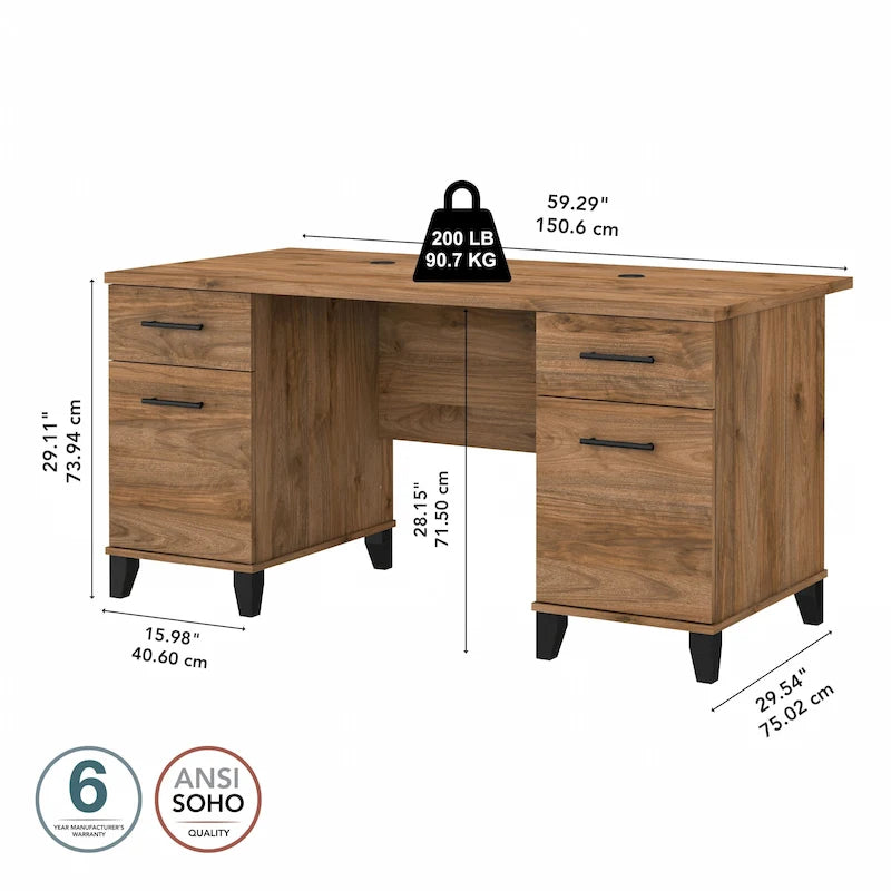 Bureau d'ordinateur de 152 cm avec tiroirs, bureau d'écriture pour bureau à domicile, plusieurs options de finition