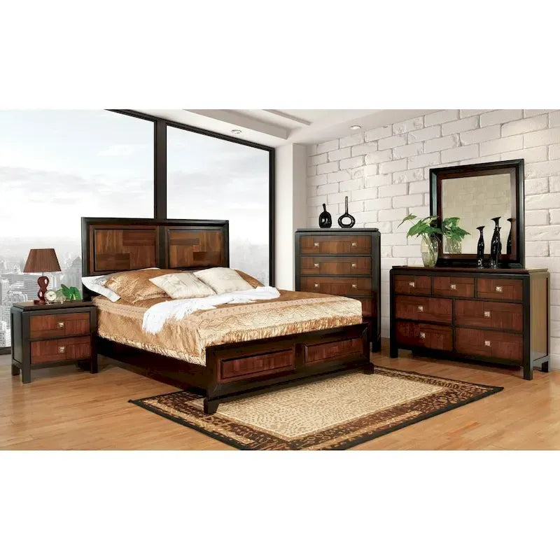 Ensemble de chambre 3 pièces en bois massif de noyer rustique, lit + commode + table de chevet, style ferme