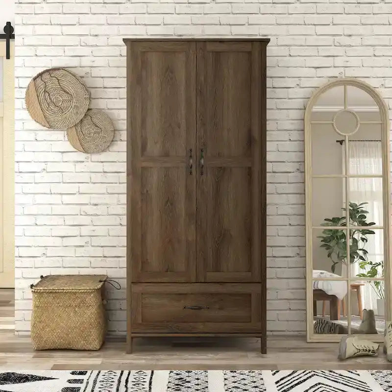 Armoire penderie rustique en noyer vieilli, doubles portes + 1 tiroir, tringle à vêtements, minimaliste