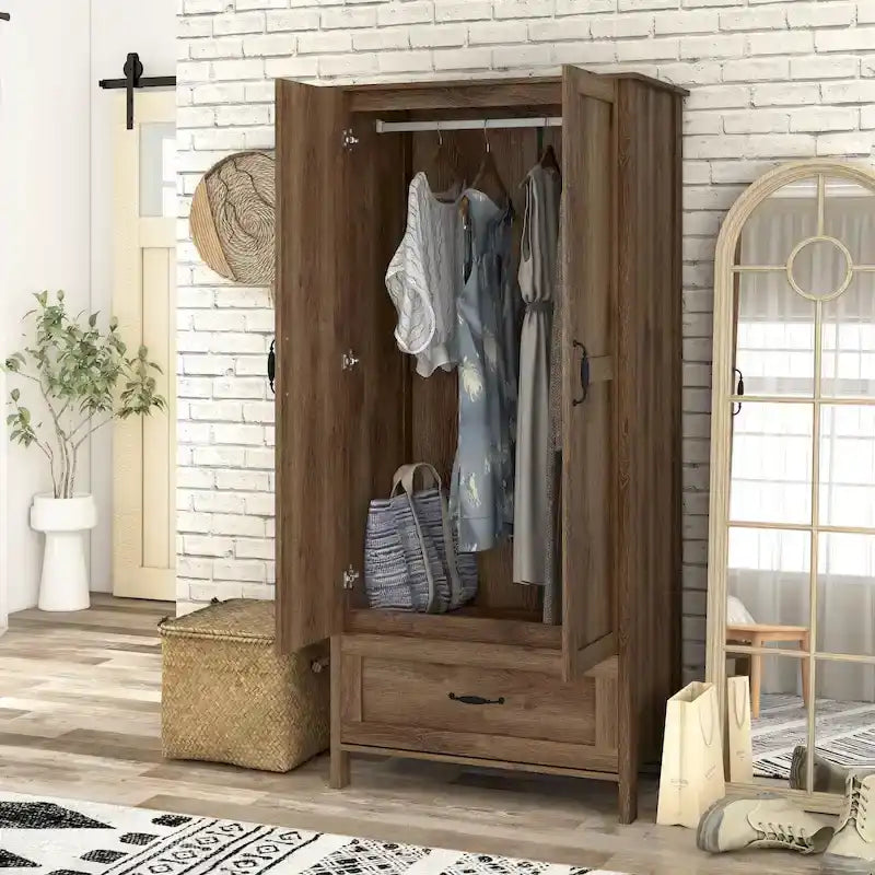 Armoire penderie rustique en noyer vieilli, doubles portes + 1 tiroir, tringle à vêtements, minimaliste
