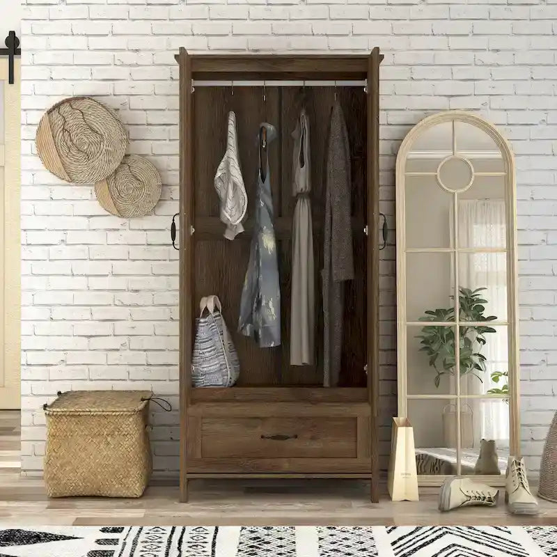 Armoire penderie rustique en noyer vieilli, doubles portes + 1 tiroir, tringle à vêtements, minimaliste