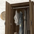 Armoire penderie rustique en noyer vieilli, doubles portes + 1 tiroir, tringle à vêtements, minimaliste