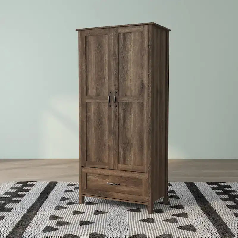 Armoire penderie rustique en noyer vieilli, doubles portes + 1 tiroir, tringle à vêtements, minimaliste
