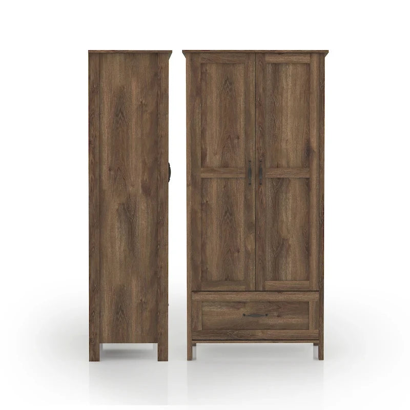 Armoire penderie rustique en noyer vieilli, doubles portes + 1 tiroir, tringle à vêtements, minimaliste