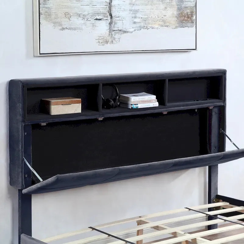 Lit de rangement capitonné gris avec ports de chargement USB, lit plateforme, chambre moderne