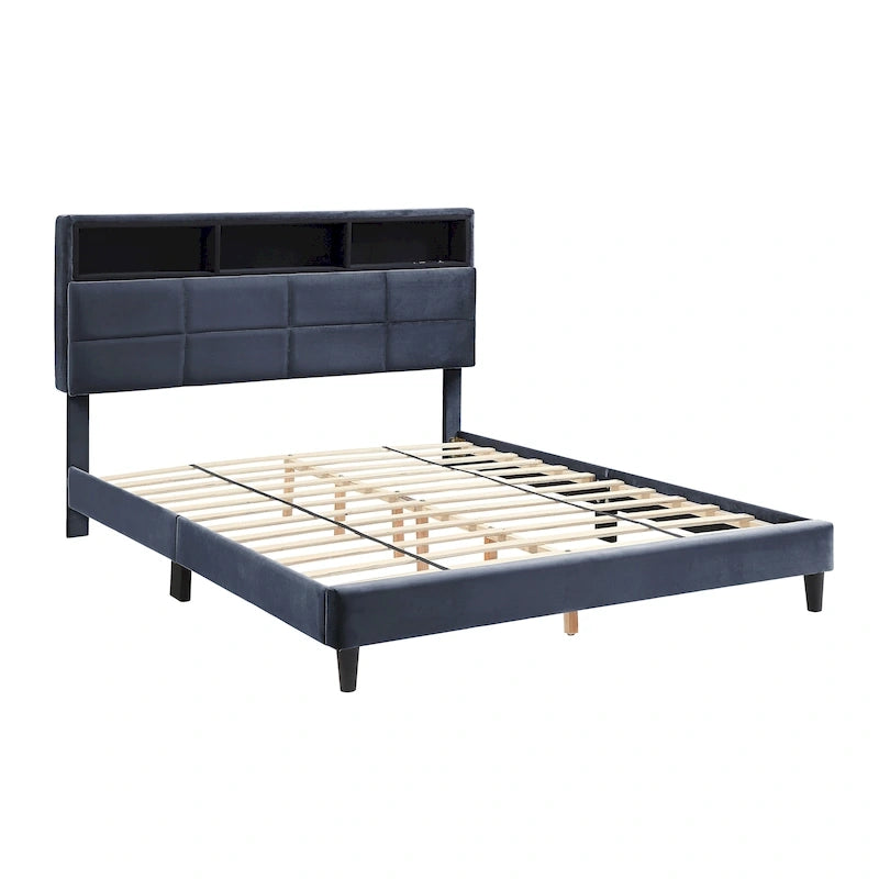 Lit de rangement capitonné gris avec ports de chargement USB, lit plateforme, chambre moderne