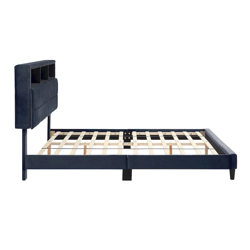 Lit de rangement capitonné gris avec ports de chargement USB, lit plateforme, chambre moderne