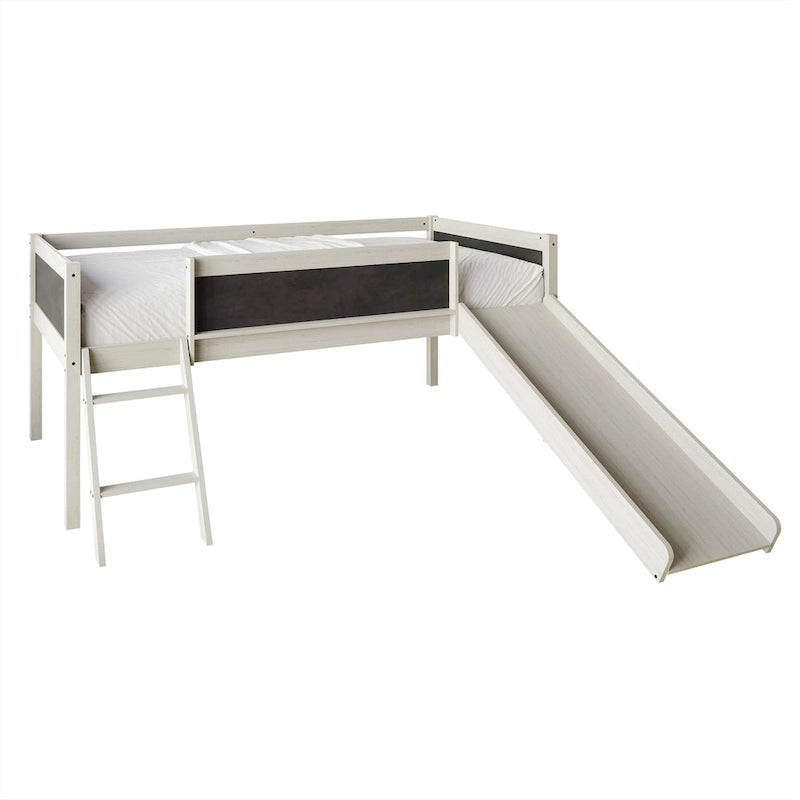 Lit mezzanine bas classique double CraftPorch avec tableau noir, toboggan et échelle