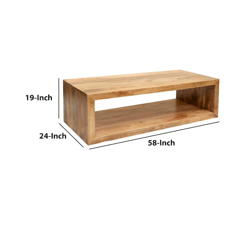 Table basse Keli de 58 pouces en bois de manguier, cube ouvert, 1 étagère, marron naturel