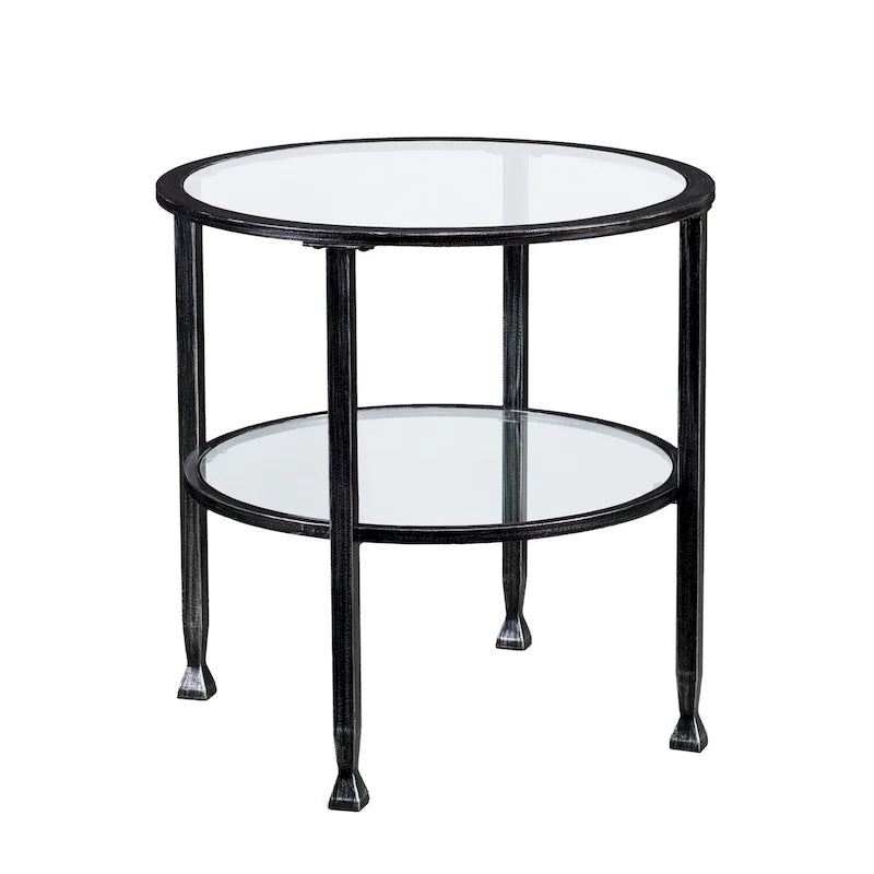 Table d'appoint ronde, cadre en métal noir vieilli, plateau en verre + étagère inférieure, style industriel