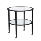 Table d'appoint ronde, cadre en métal noir vieilli, plateau en verre + étagère inférieure, style industriel