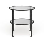 Table d'appoint ronde, cadre en métal noir vieilli, plateau en verre + étagère inférieure, style industriel