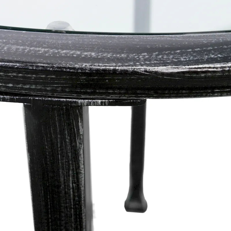 Table d'appoint ronde, cadre en métal noir vieilli, plateau en verre + étagère inférieure, style industriel