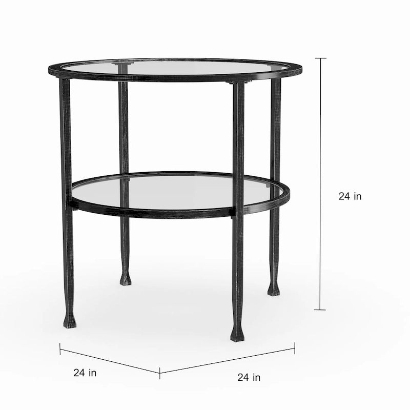 Table d'appoint ronde, cadre en métal noir vieilli, plateau en verre + étagère inférieure, style industriel