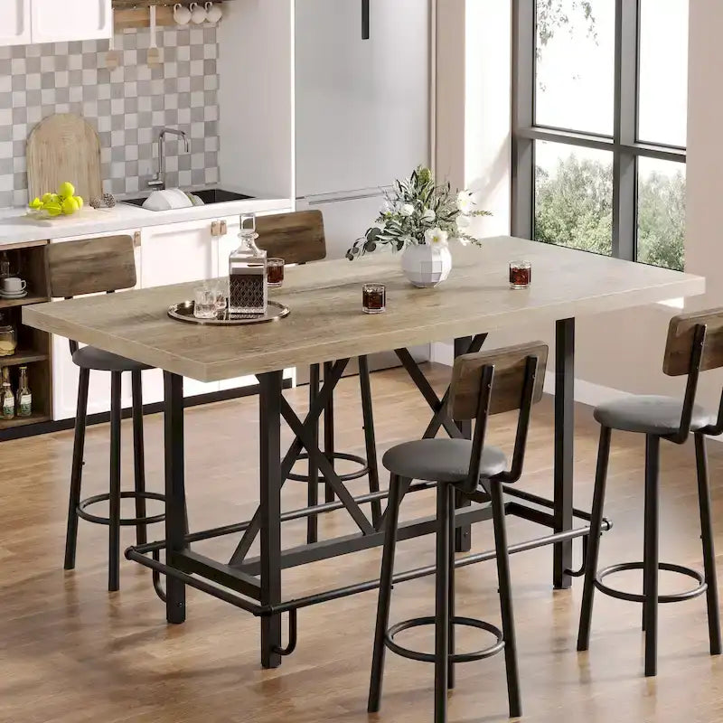 Table de bar haute 6 personnes avec repose-pieds, Table de bar haute avec plateau en bois épais et cadre métallique pour la maison/cuisine