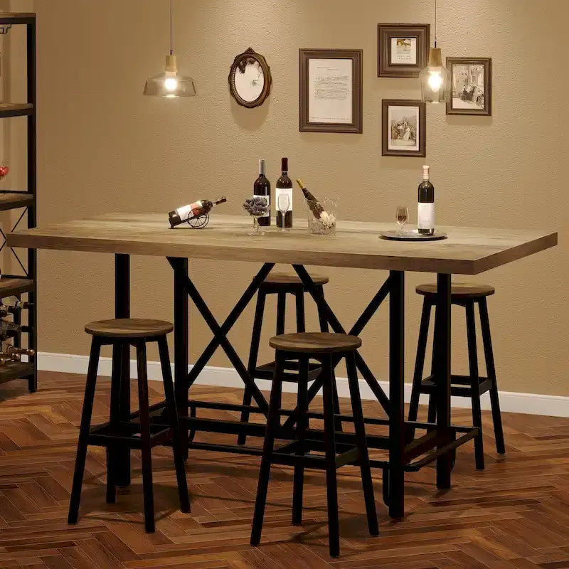 Table de bar haute 6 personnes avec repose-pieds, Table de bar haute avec plateau en bois épais et cadre métallique pour la maison/cuisine