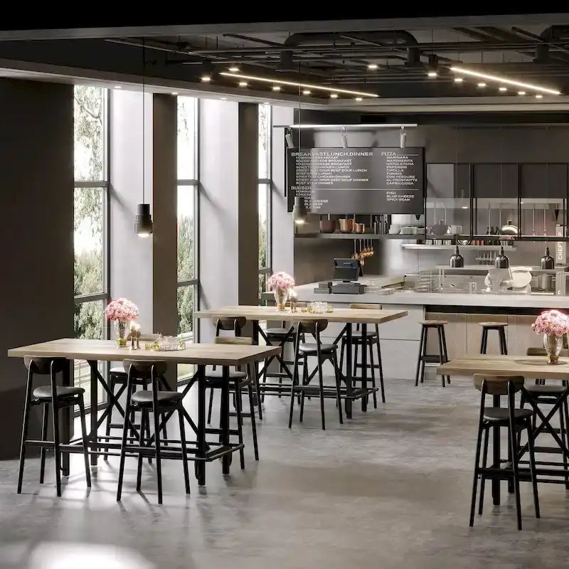 Table de bar haute 6 personnes avec repose-pieds, Table de bar haute avec plateau en bois épais et cadre métallique pour la maison/cuisine